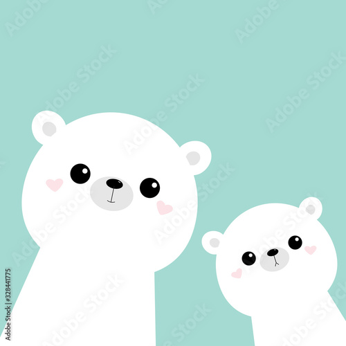 Two white bear face head icon set. Cute kawaii animal. Cartoon funny baby character. Kids print for poster, t-shirt. Love. Scandinavian style. Flat design. Blue background. Isolated.