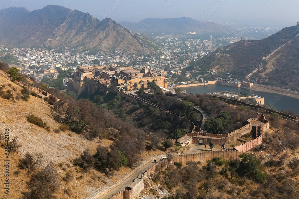 Aerial landscape view of Jaipur cityscape from the top of Jaigarh Fort Rajasthan India
