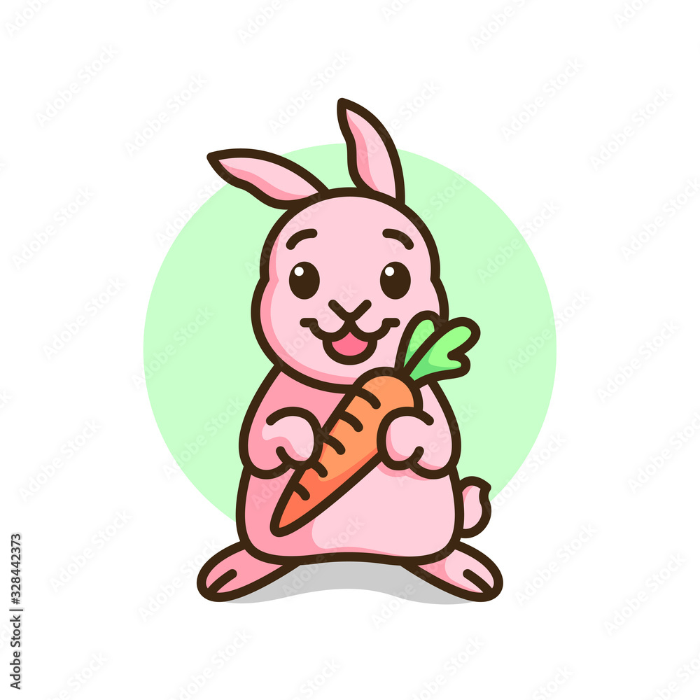 CUTE PINK RABBIT SMILING AND BRING A CARROT. CUTE PINK RABBIT SMILING AND BRING A CARROT.