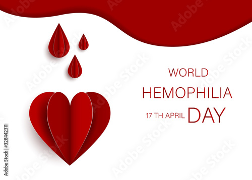 World Hemophilia Day card 17 april. Paper art vector illustration contains red bleeding heart on red background. Medical concept in the care of patients with hemophilia. Set banners.
