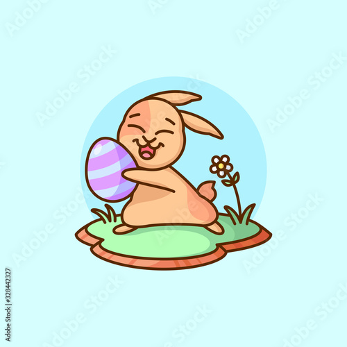 CUTE BROWN LITTLE RABBIT SMILING AND BRING A PURPLE PASCHAL EGG