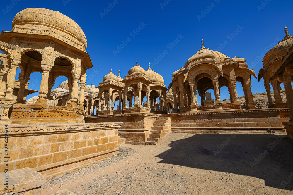 Historic ruins of royal cenotaphs at Bada Bagh Jaisalmer Rajasthan, India