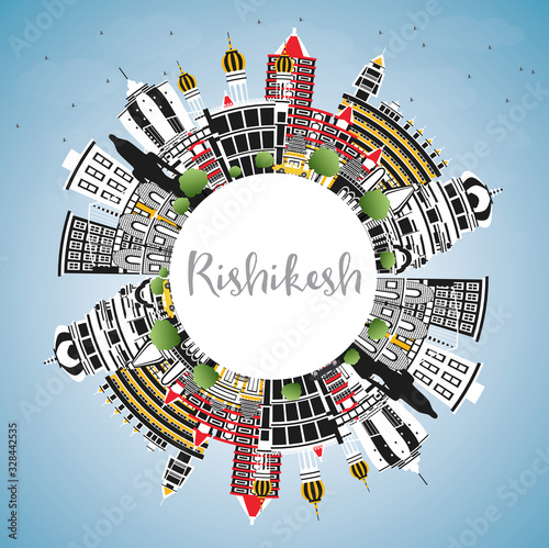 Rishikesh India City Skyline with Color Buildings, Blue Sky and Copy Space.
