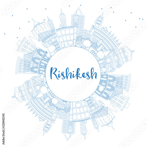 Outline Rishikesh India City Skyline with Blue Buildings and Copy Space.