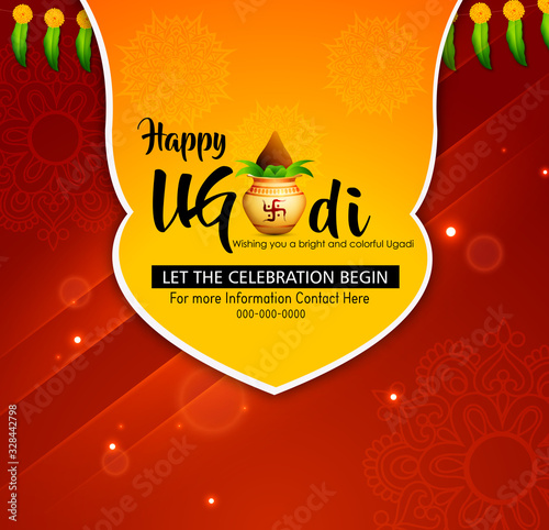 Happy Ugadi festival / gudi padwa , Vector Illustration based on Ugadi Font on colorful decorative festival frame best for banner, wallpaper , header and promotions - Vector