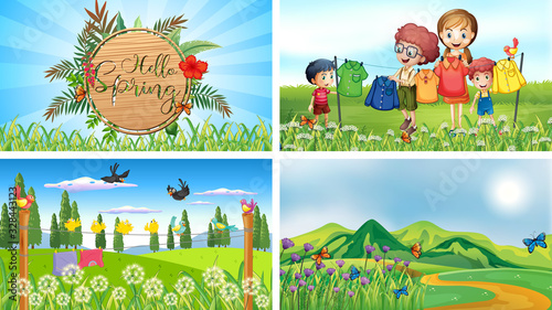 Four background scenes with children and animals in the park
