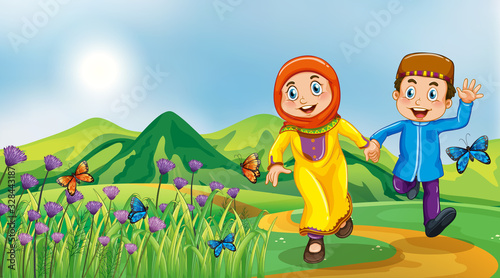 Nature scene background with muslim kids running in the park