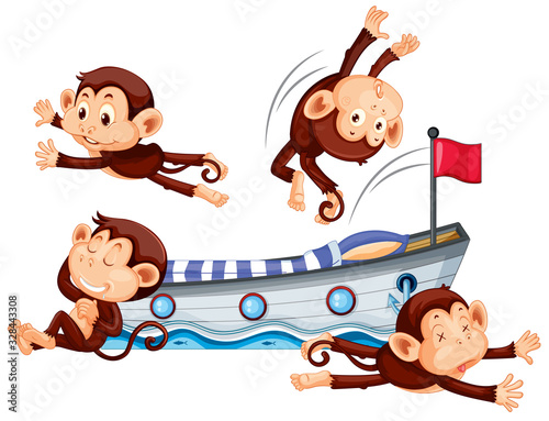 Four monkeys playing on the bed