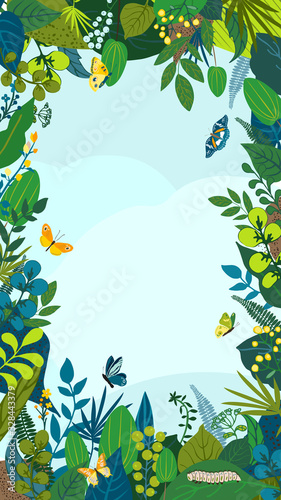 Beautiful floral background, frame. Green leaves, colorful flowers, caterpillar and butterflies. Spring and summer card for social network backdrop, invitation, wedding, birthday. Vector illustration.