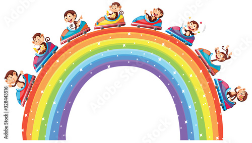 Happy monkeys riding toy cars over the rainbow