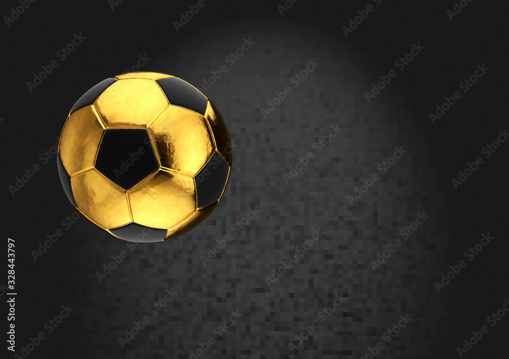 Gold soccer ball on dark background.