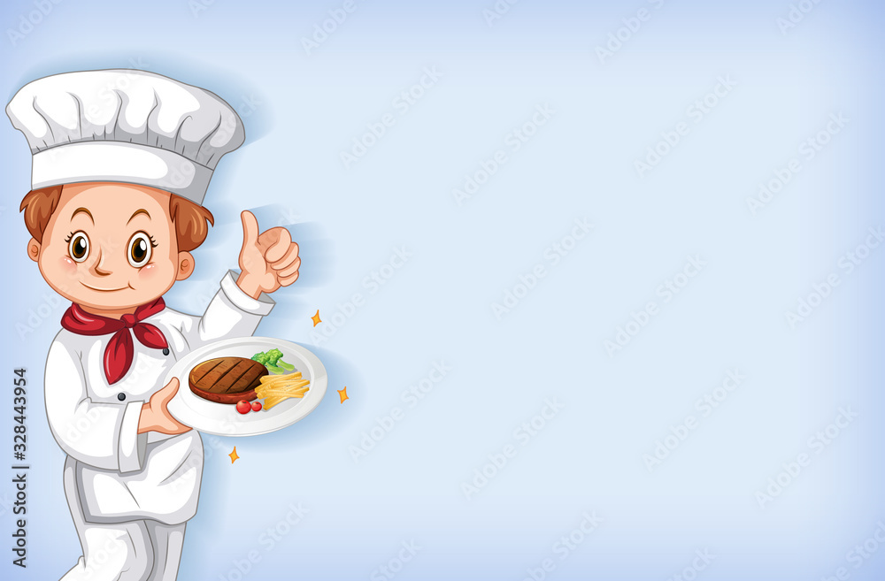 Background template design with happy chef with steak in his hand Background template design with happy chef with steak in his hand