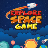 Poster design with spaceship and many planets in space background
