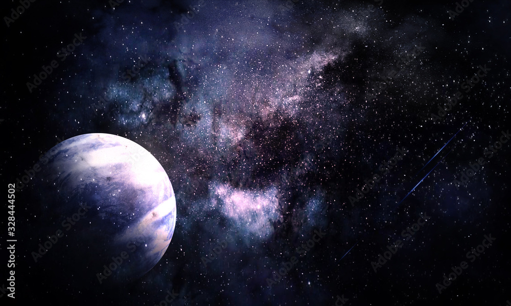 abstract space illustration, 3d image, planet in space in the radiance of stars and a nebula