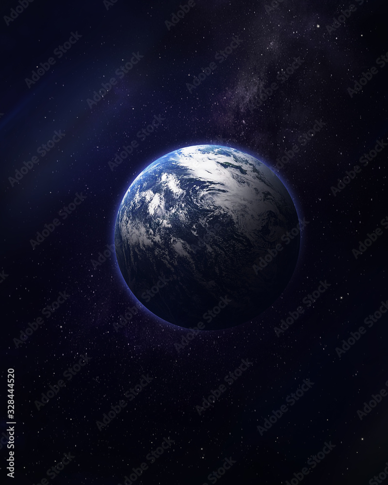 abstract space illustration, 3d image, Planet earth in space in the radiance of stars