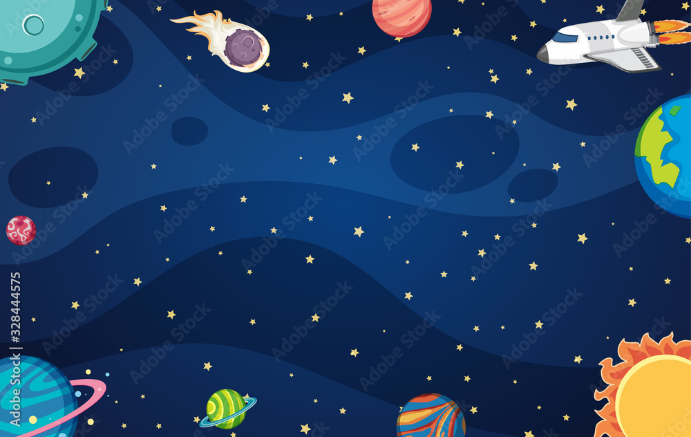 Background template design with spaceship and many planets in space Background template design with spaceship and many planets in space