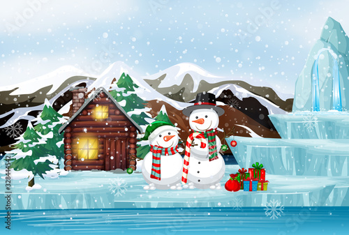 Scene with snowman and cottage on christmas day