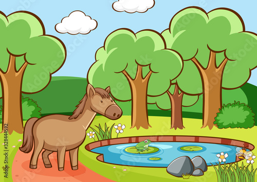 Scene with brown horse by the pond