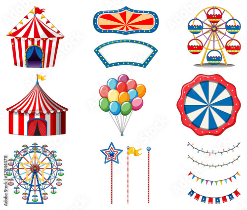 Set of circus items on white background