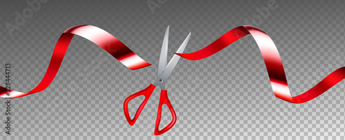 Scissors Cut Ribbon Business Grand Opening Vector. Ceremonial Metallic Chrome Scissors Cutting Red Silk Tape Ornament. Festive Ceremony Equipment Concept Layout Realistic 3d Illustration