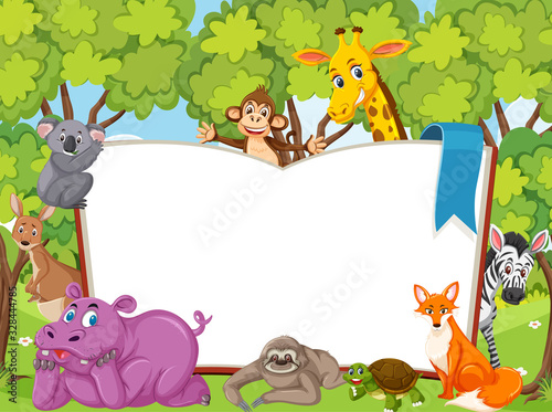 Giant blank book with wild animals in the forest