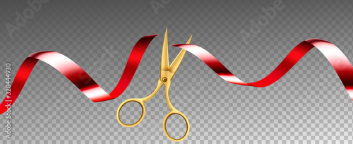 Scissors Cutting Ribbon Shop Grand Opening Vector. Ceremonial Metal Golden Scissors Cut Red Silk Tape Decoration. Festive Ceremony Equipment Concept Template Realistic 3d Illustration