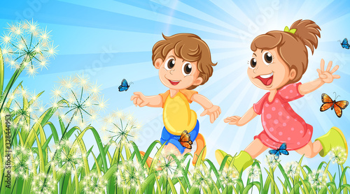 Nature scene background with happy children in garden