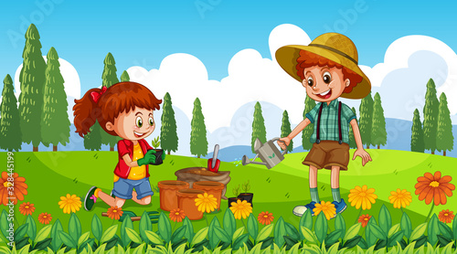 Nature scene background with boy and girl planting tree in garden