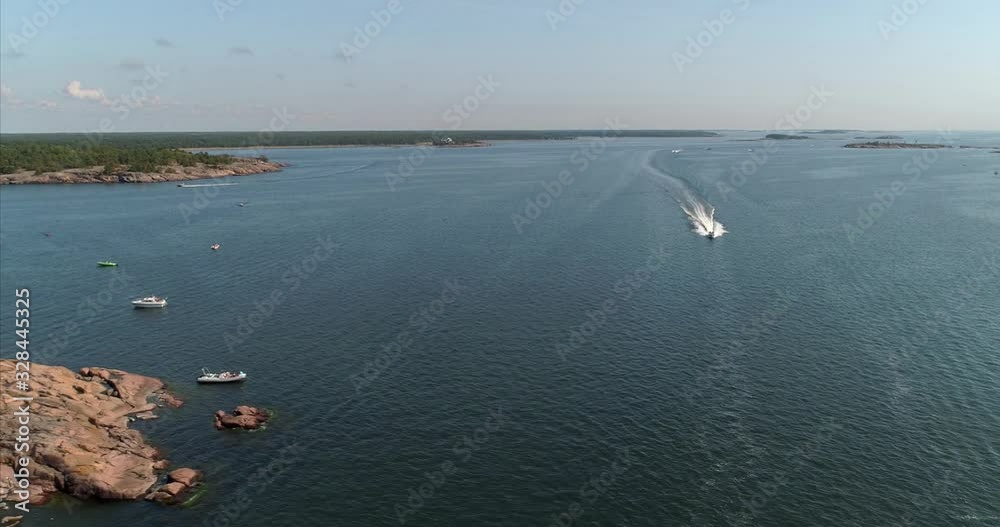 Powerboat on Poker Run Competiton Day, Hanko Finland, Drone Aerial Establish shot Powerboat on Poker Run Competiton Day, Hanko Finland, Drone Aerial Establish shot
