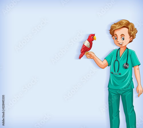 Background template design with happy vet with parrot bird