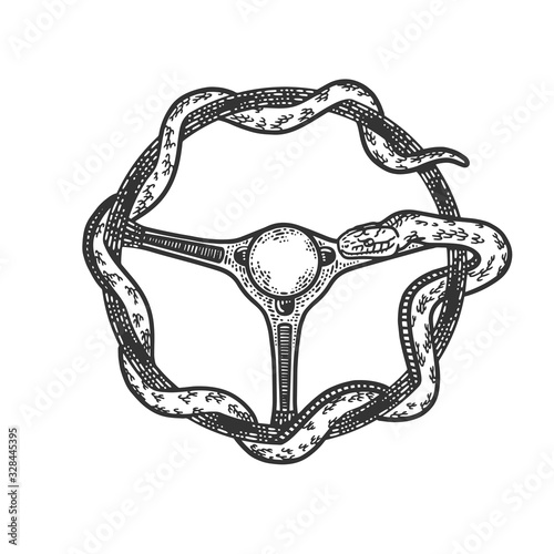 snake wrapped around the steering wheel sketch engraving vector illustration. T-shirt apparel print design. Scratch board imitation. Black and white hand drawn image.