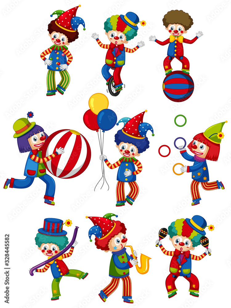 Large set of circus clowns doing different tricks