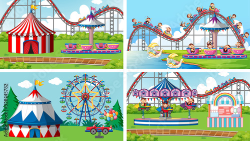 Four scenes with many rides in the fun fair