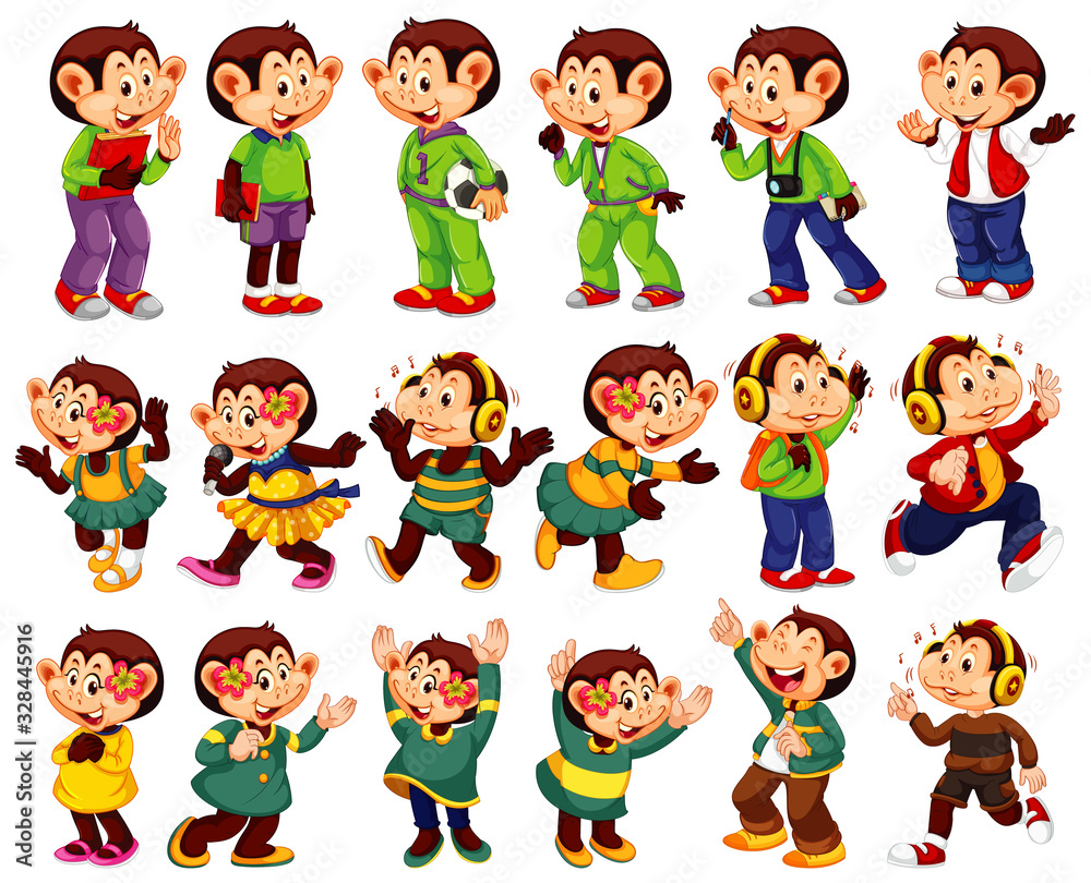 Big set of cute monkeys in different costumes Big set of cute monkeys in different costumes