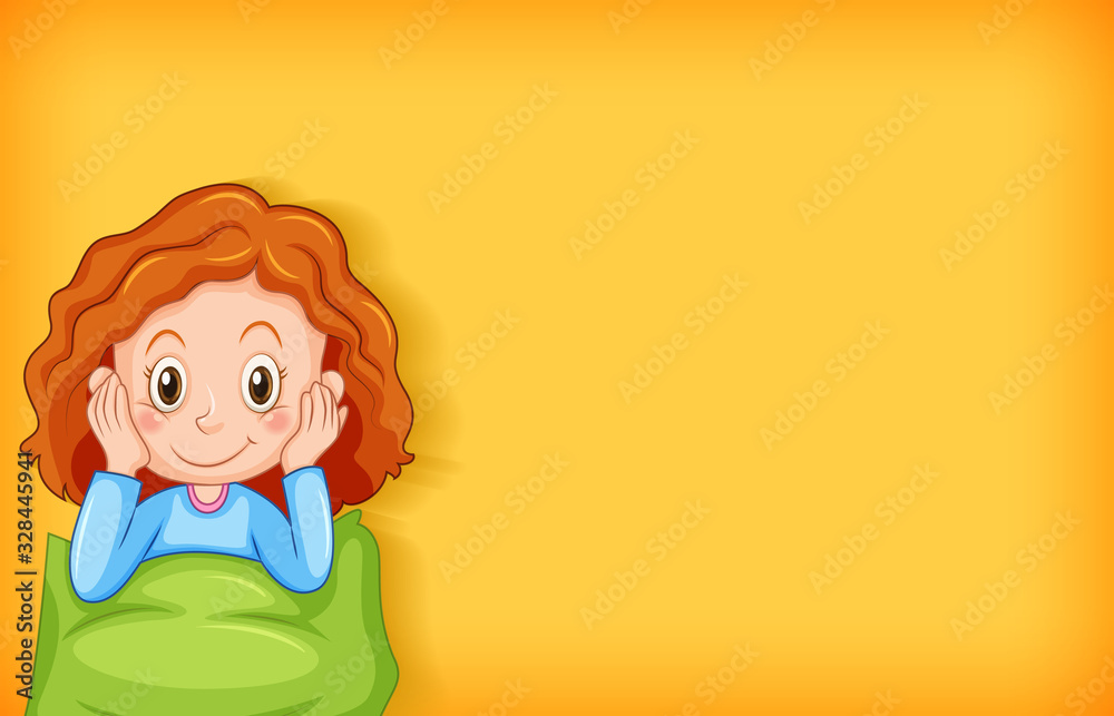 Background template design with happy girl in blue pajamas Background template design with happy girl in blue pajamas