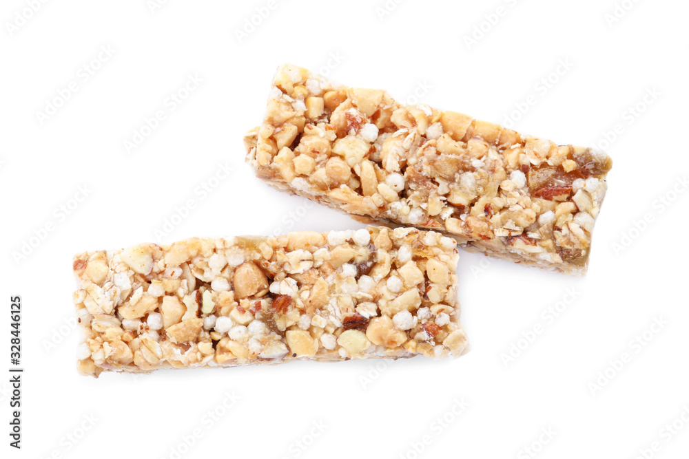 Sweet cereal bars isolated on white, top view Sweet cereal bars isolated on white, top view