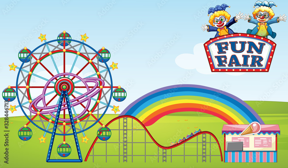 Scene with ferris wheel and roller coaster in the park Scene with ferris wheel and roller coaster in the park