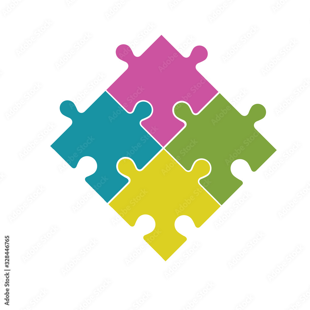 Four multi-colored puzzle pieces assembled in a rhombus. On white background. Four multi-colored puzzle pieces assembled in a rhombus. On white background.