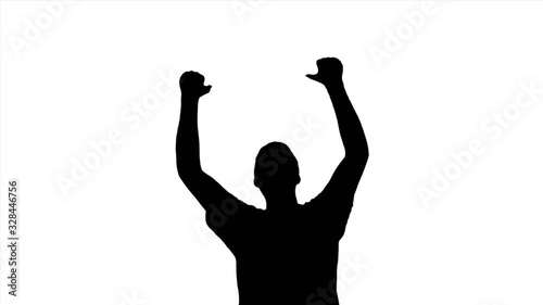 Cheerful and joyful man clapping palms of hands, waving hands. Silhouette on white background.