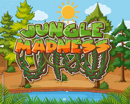 Font design for word jungle madness with trees in background