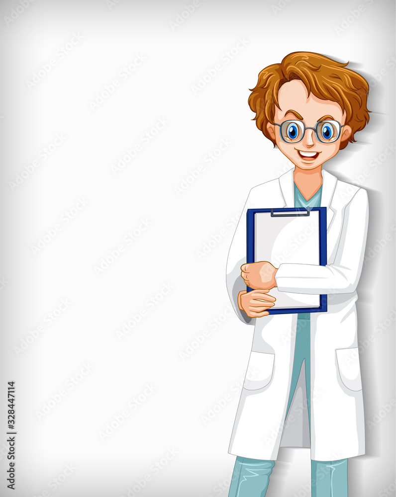 Plain background with male doctor with notes Plain background with male doctor with notes