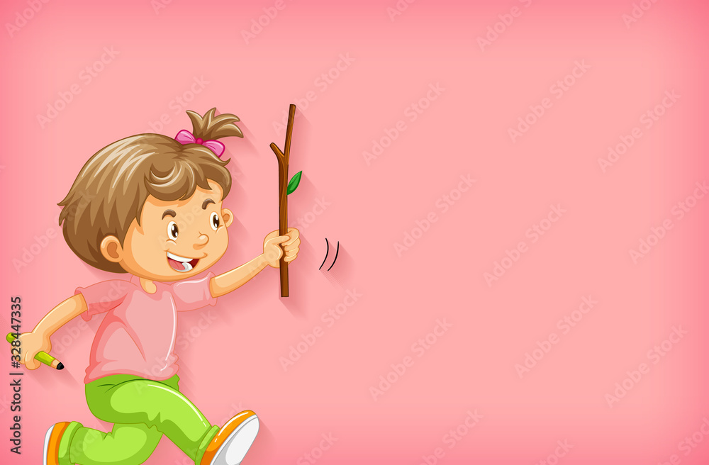 Plain background with happy girl with a wooden stick Plain background with happy girl with a wooden stick
