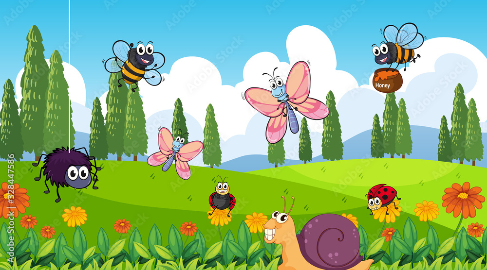 Obraz premium Nature scene background with many insects in the park