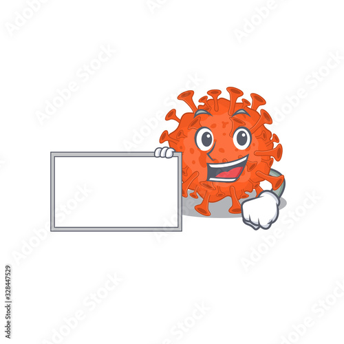 Electron microscopy coronavirus with board cartoon mascot design style