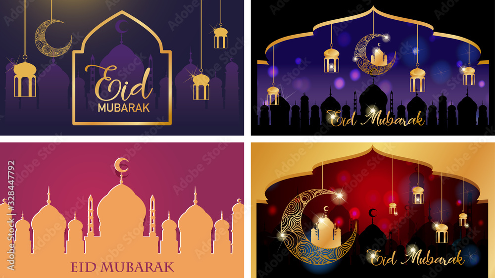 Obraz premium Four background designs for Muslim festival Eid Mubarak