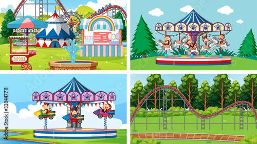 Four scenes with many rides in the fun fair