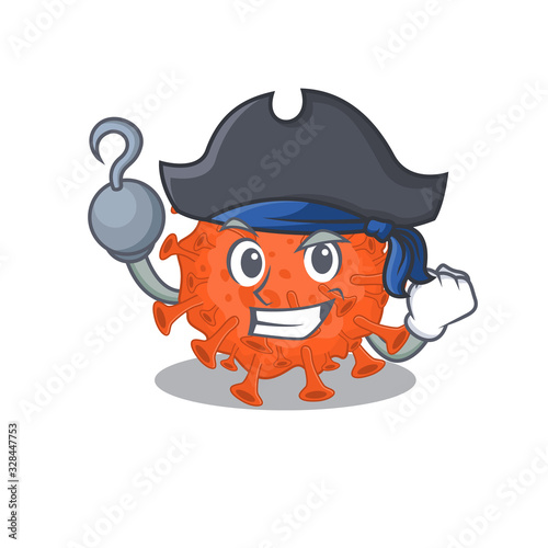 Cool electron microscope coronavirus in one hand Pirate cartoon design style with hat