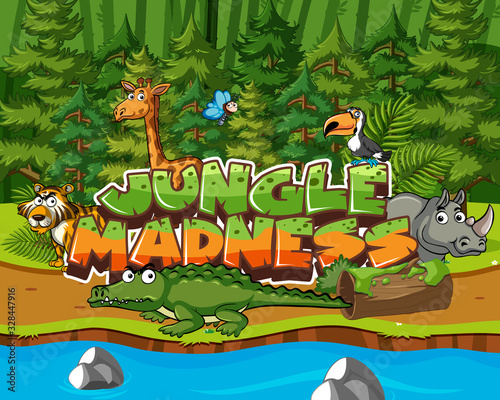 Scene with word related to nature and many animals in forest