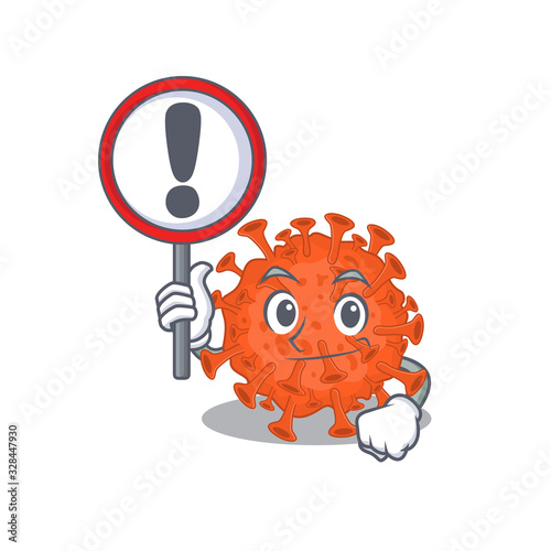 Cheerful cartoon style of electron microscope coronavirus holding a sign