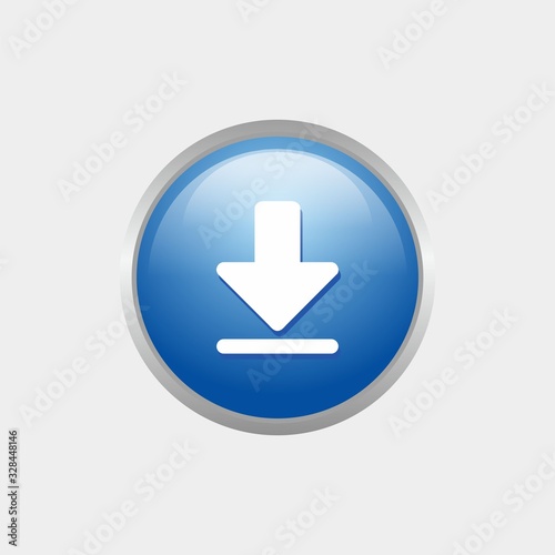 simple download glossy icon with blue color design, circle glossy button template vector for website, advertising, print 